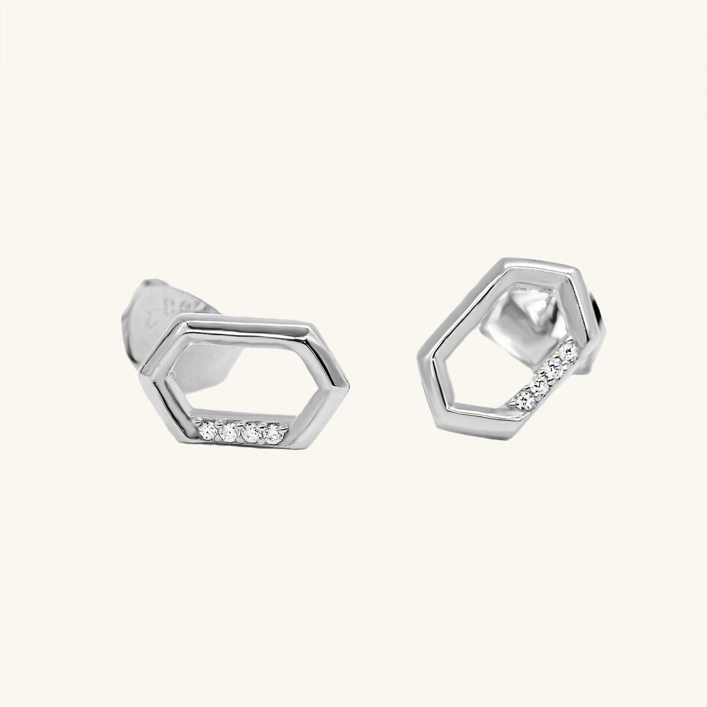 Silver Hexagonal CZ Stud Earrings by HYMI JEWELRY
